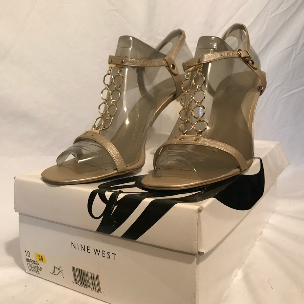 NINE WEST Tenara Gold Leather Sandals Heels Sz 10 cdw